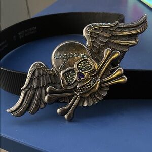 Silver Jeans Black Belt with Silver Skull Buckle Embellished with Swarovski gems